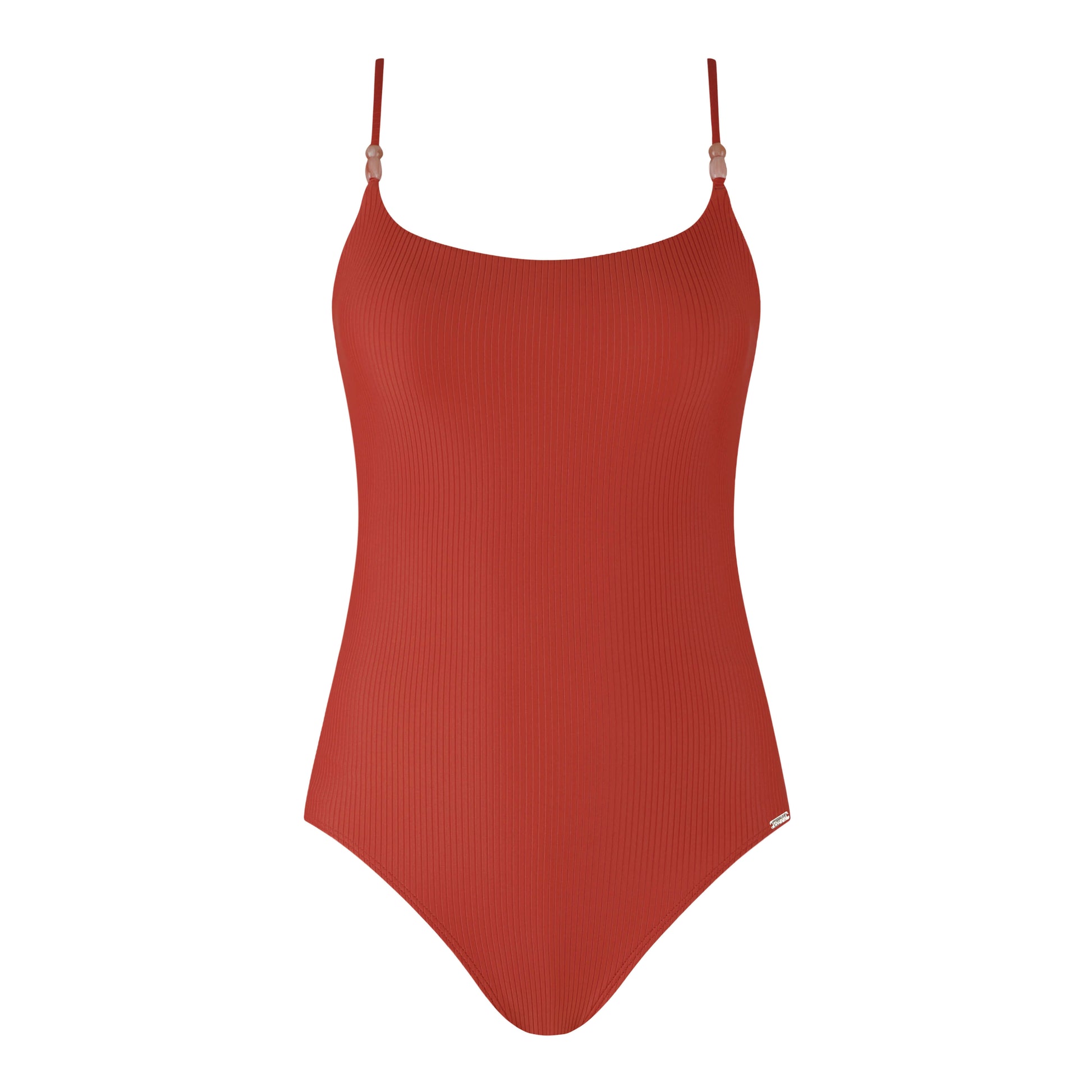 Stylish beachside swimsuit in rust color, featuring thin straps and ribbed texture for a flattering fit.