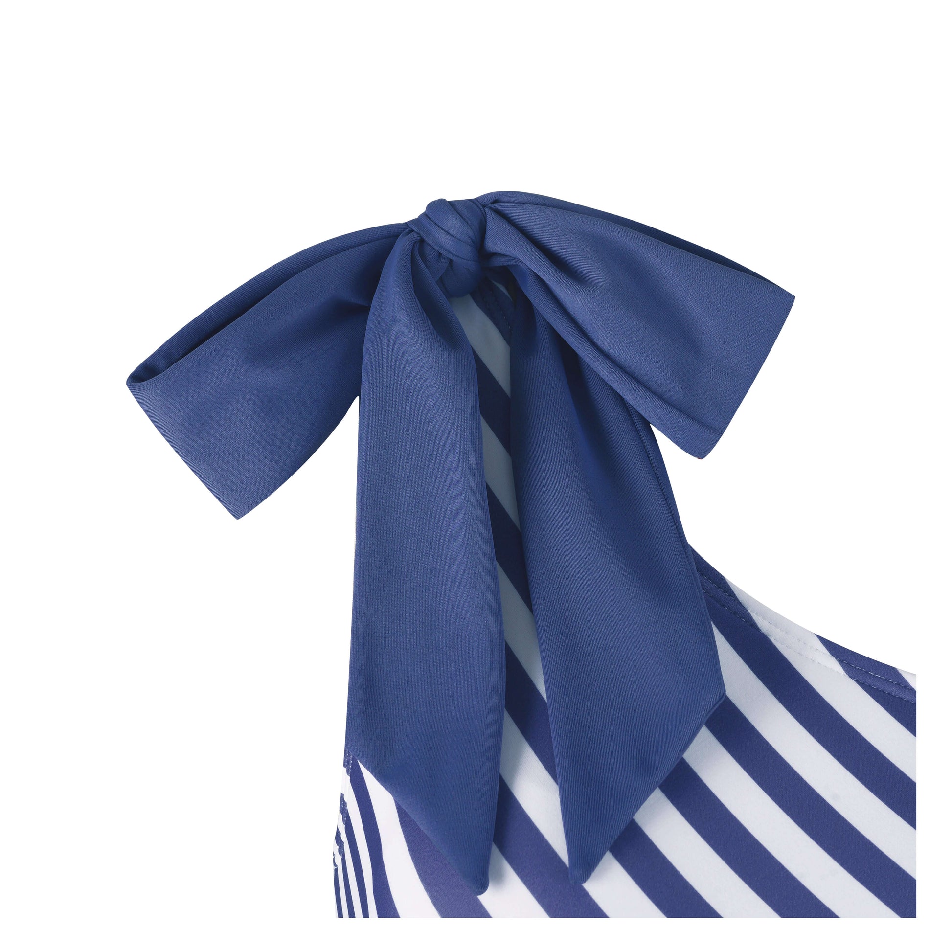Close-up of a navy bow on a stylish striped ocean swimsuit, perfect for summer beach outings.