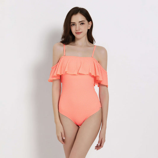 Gingham ladies swimsuit in vibrant orange with ruffled off-shoulder design, perfect for summer beach outings.