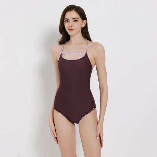 Stylish strings swimsuit in burgundy, featuring sleek design and comfortable fit for summer swimming.