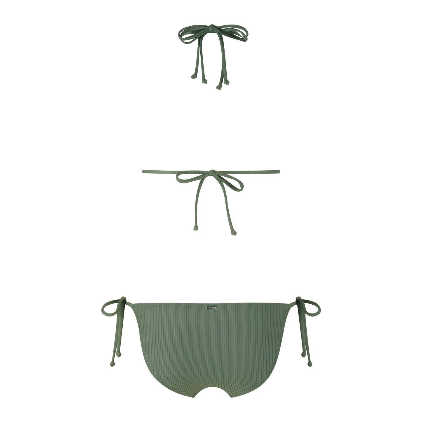 Beachside bikini in olive green with adjustable ties, perfect for sunny days at the beach.