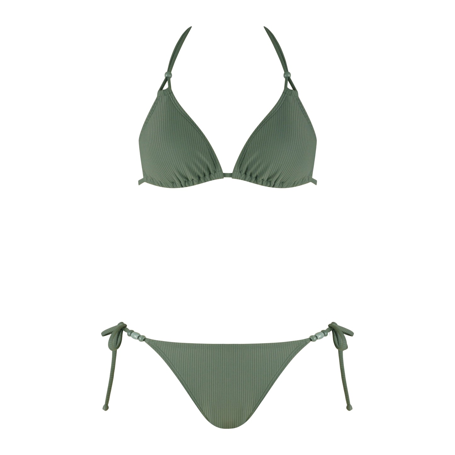 Beachside bikini set in olive green, featuring a triangle top and adjustable tie-side bottoms for a stylish beach look.
