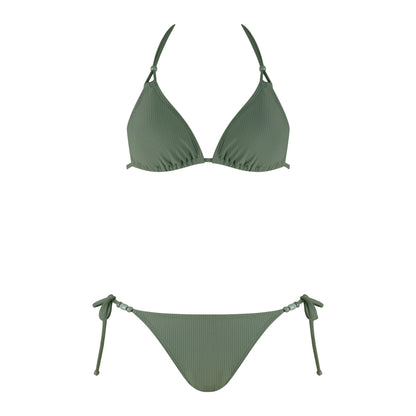 Beachside bikini set in olive green, featuring a triangle top and adjustable tie-side bottoms for a stylish beach look.