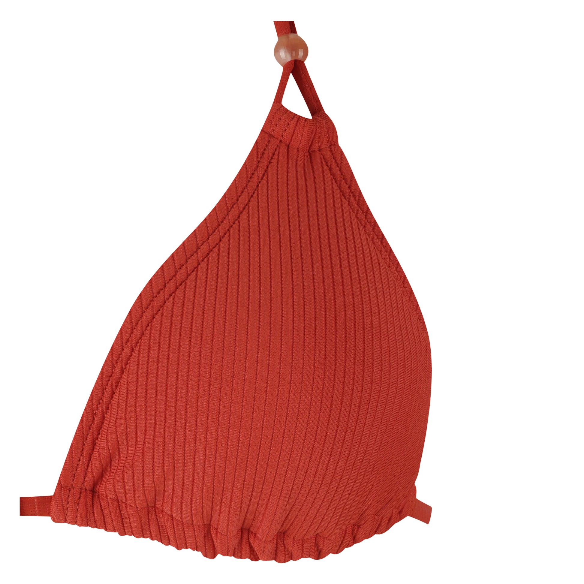 Beachside bikini top in vibrant red ribbed fabric with adjustable straps and stylish design.