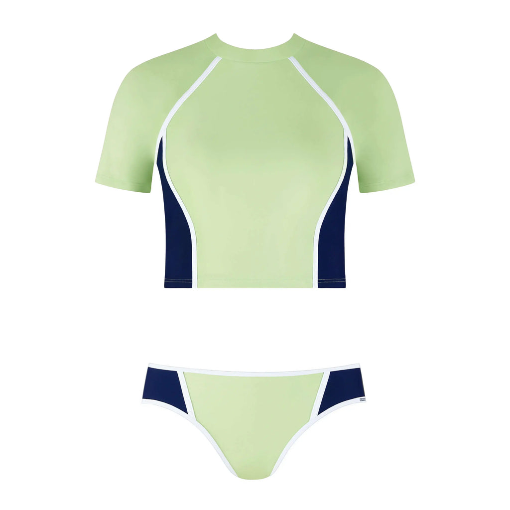 Track Crop Rashguard Set featuring a stylish cropped top and matching bikini in green and navy.