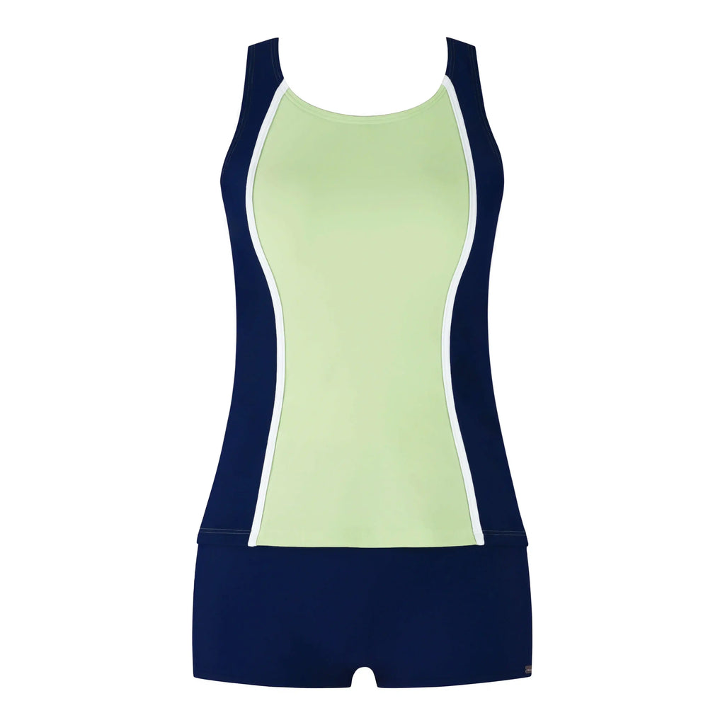 拼色运动款比基尼上衣，采用绿色和海军蓝撞色设计，时尚泳装。