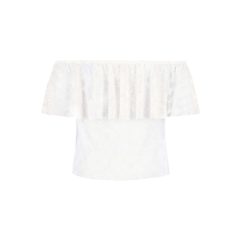 Pineapple Coverup Top off-shoulder design with ruffled sleeves in white, perfect for summer outfits.