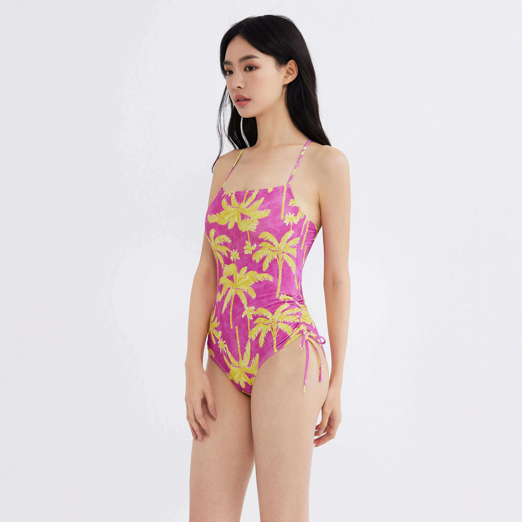 Pink palm tree print one-piece swimsuit with side ties for women