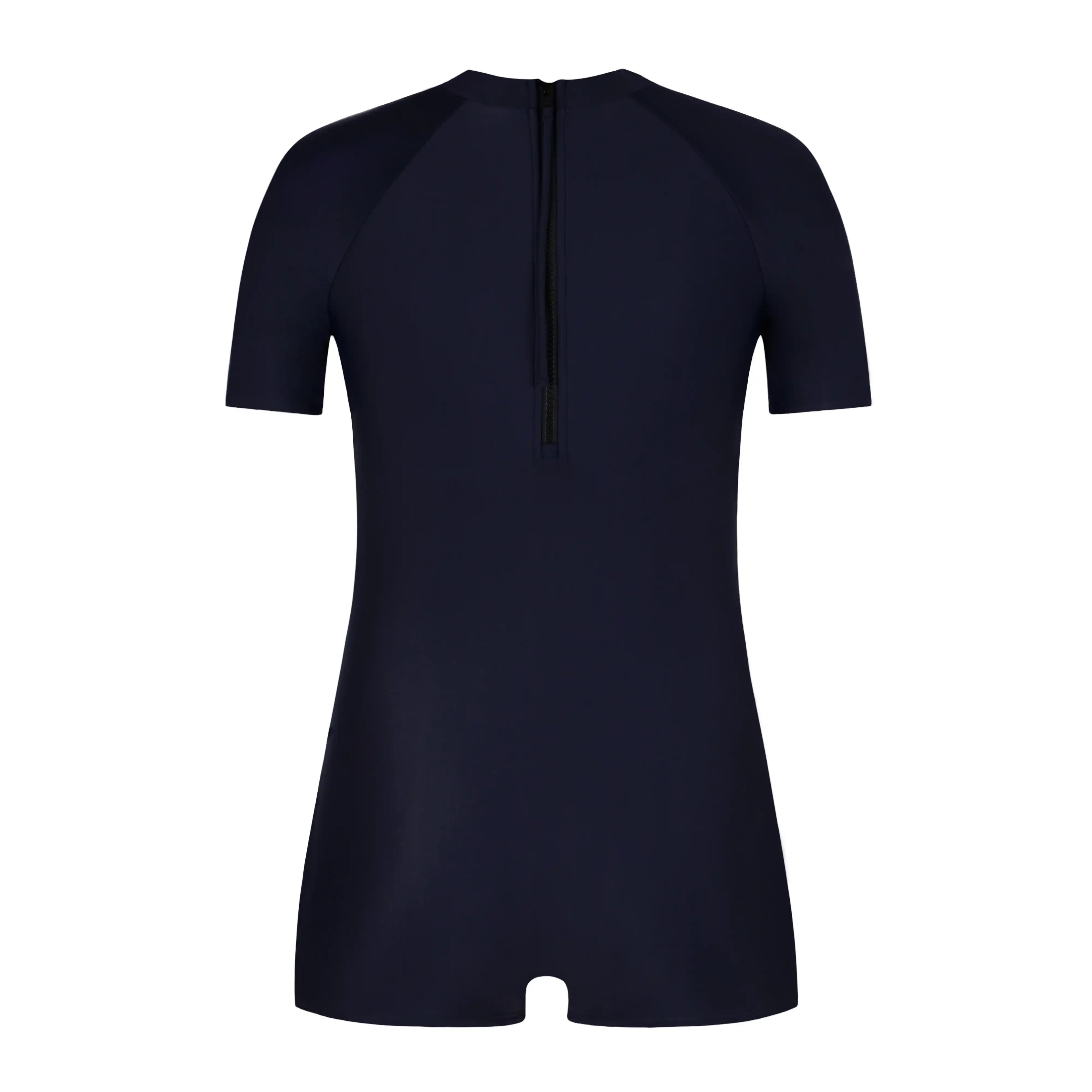Navy blue short-sleeve one-piece swimsuit with back zipper for active wear