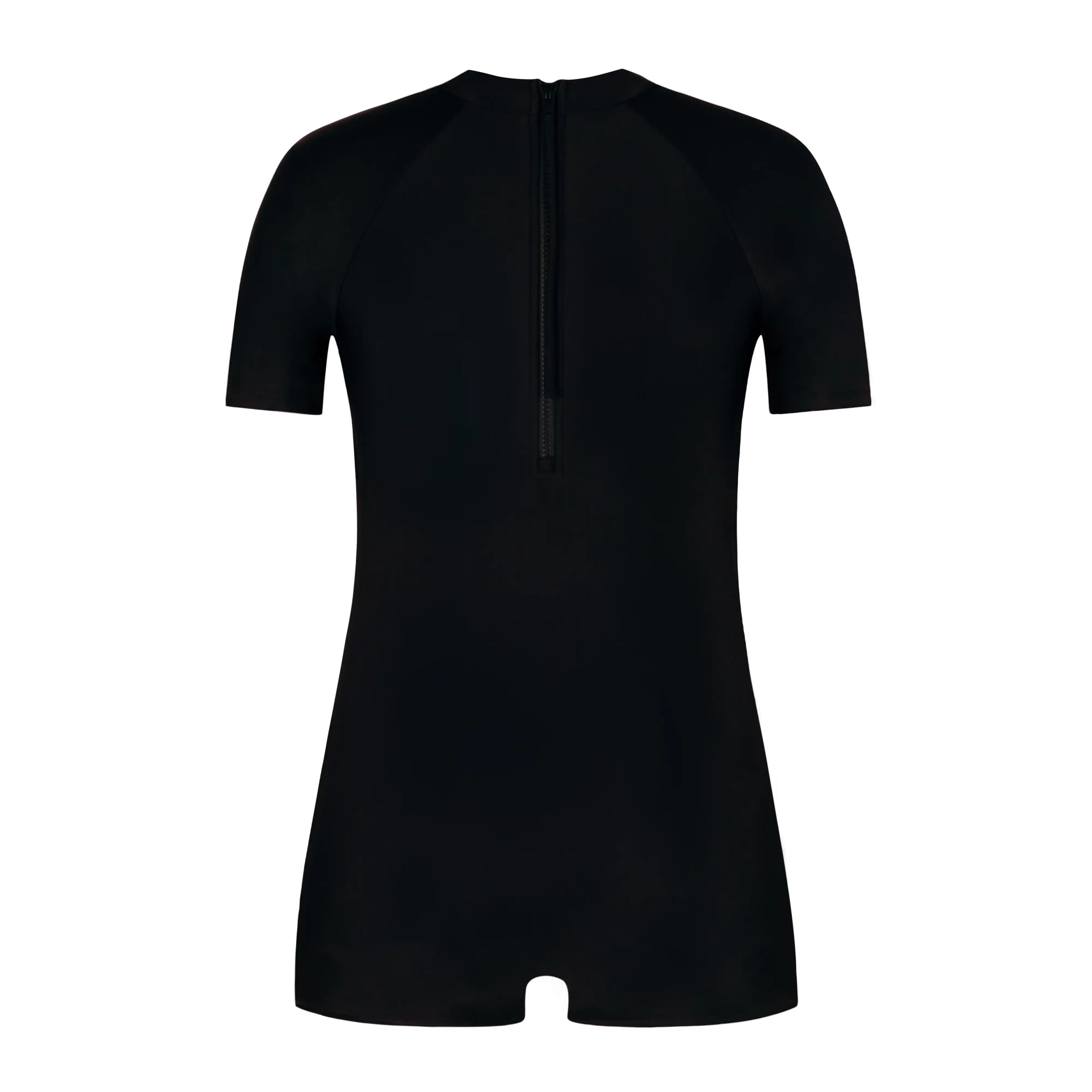 Black short-sleeve one-piece swimsuit with back zipper, ideal for active wear and swim activities.