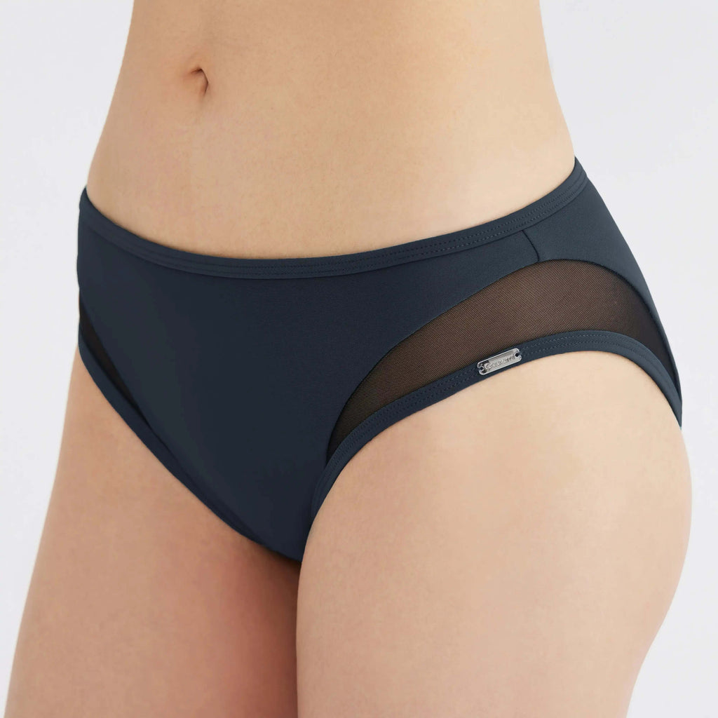 Dark blue high-waisted swim brief with mesh side panels, designed for comfort and movement.