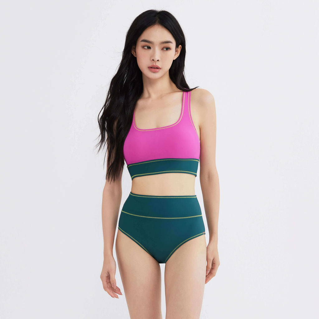 Pink and green high-waisted swimwear set for women, designed for comfort and style