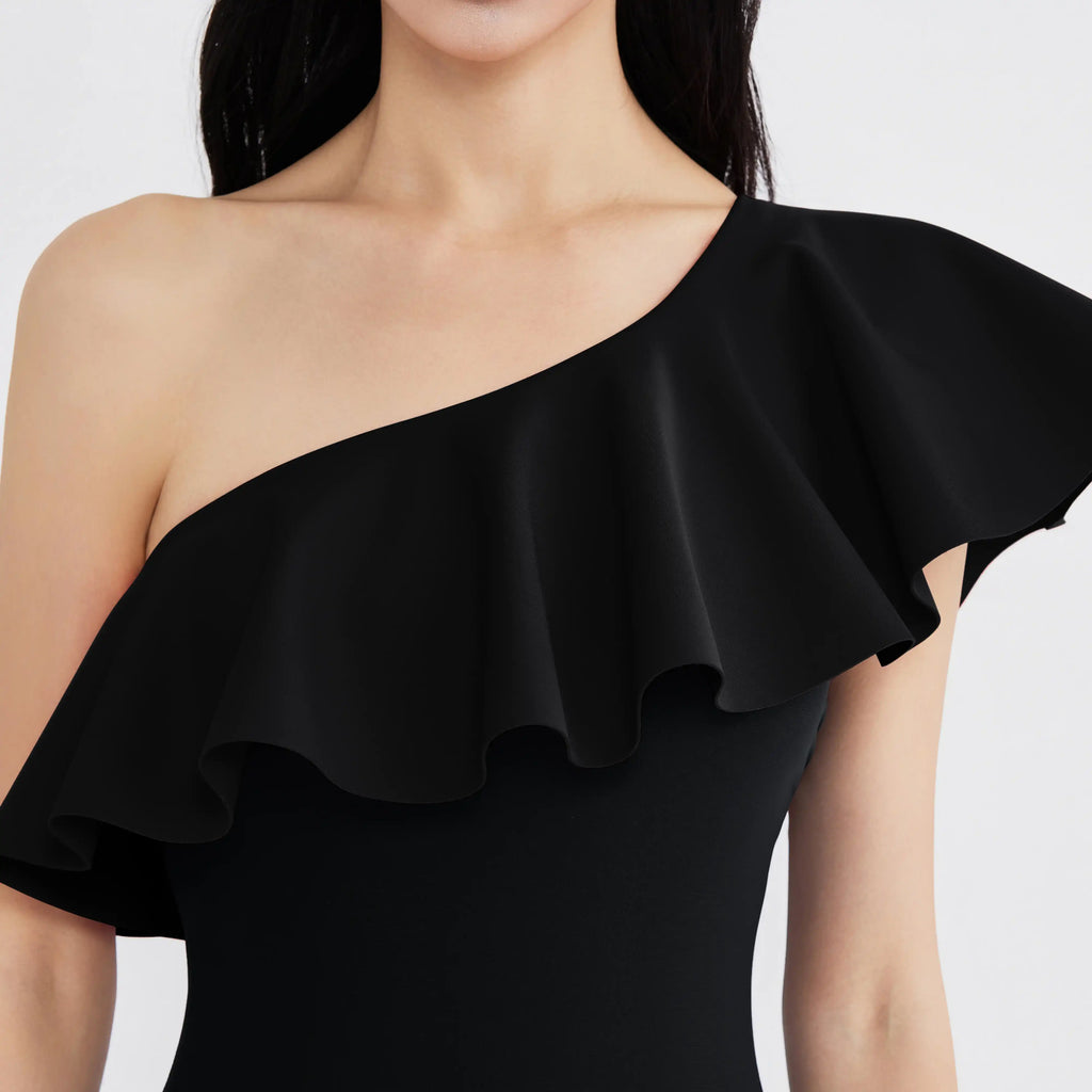 Black one-shoulder ruffle swimwear for stylish, confident movement