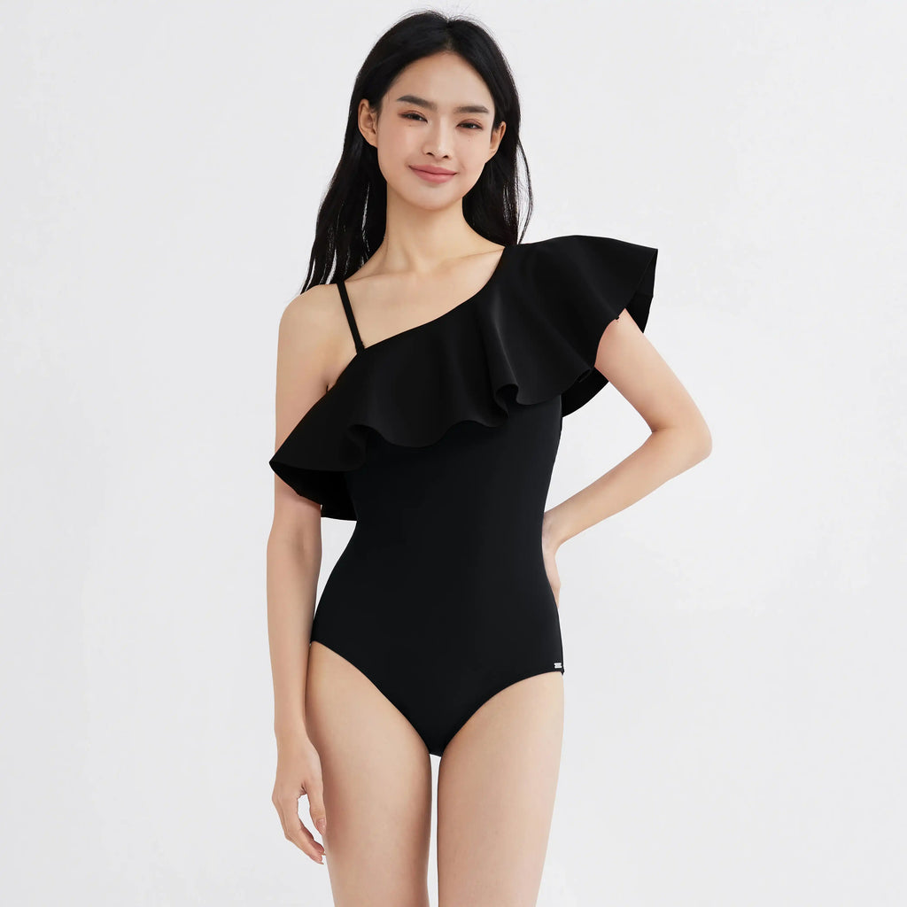 Black one-shoulder ruffle swimsuit for women, stylish and flattering swimwear design