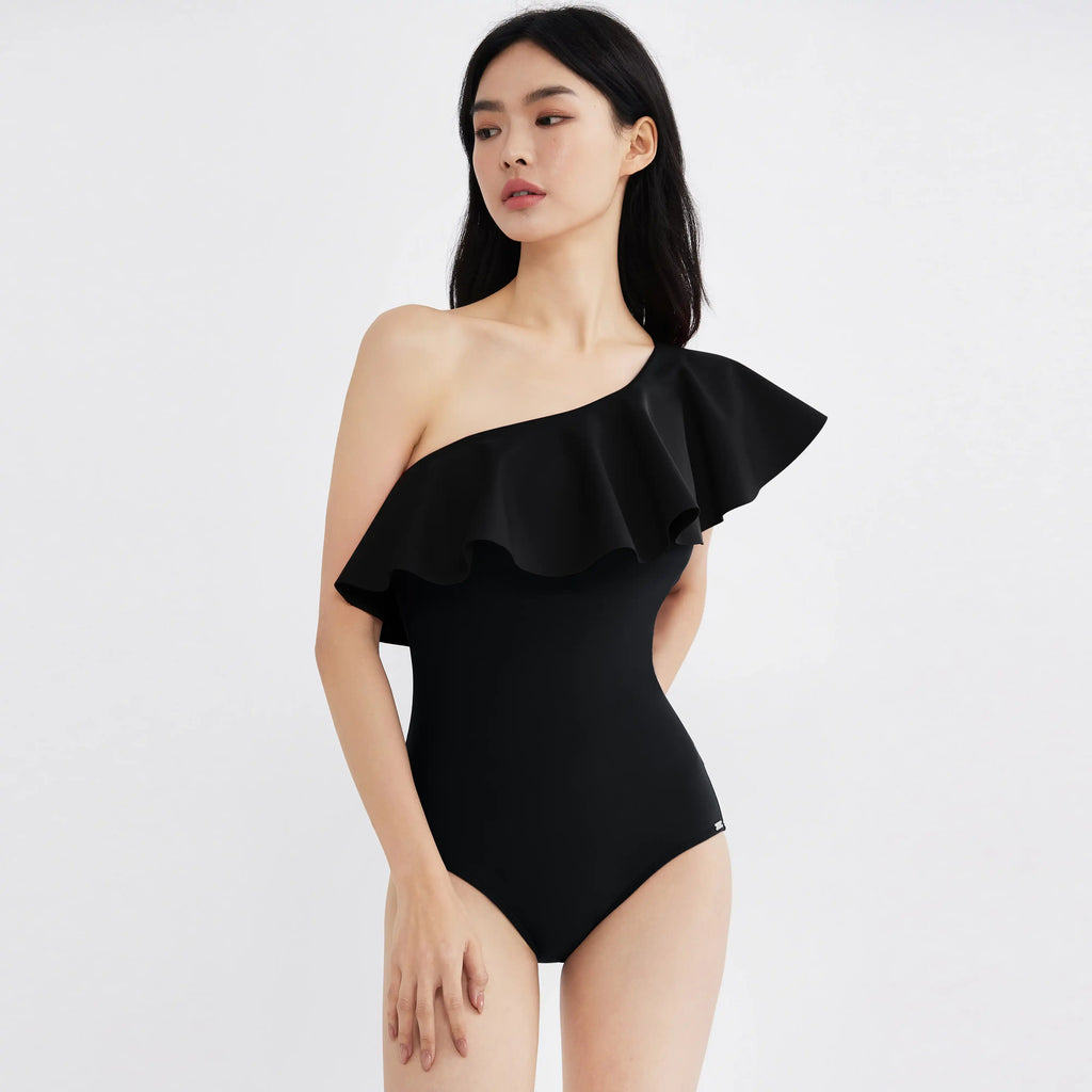 Black one-shoulder ruffle swimsuit for women, stylish and performance-ready