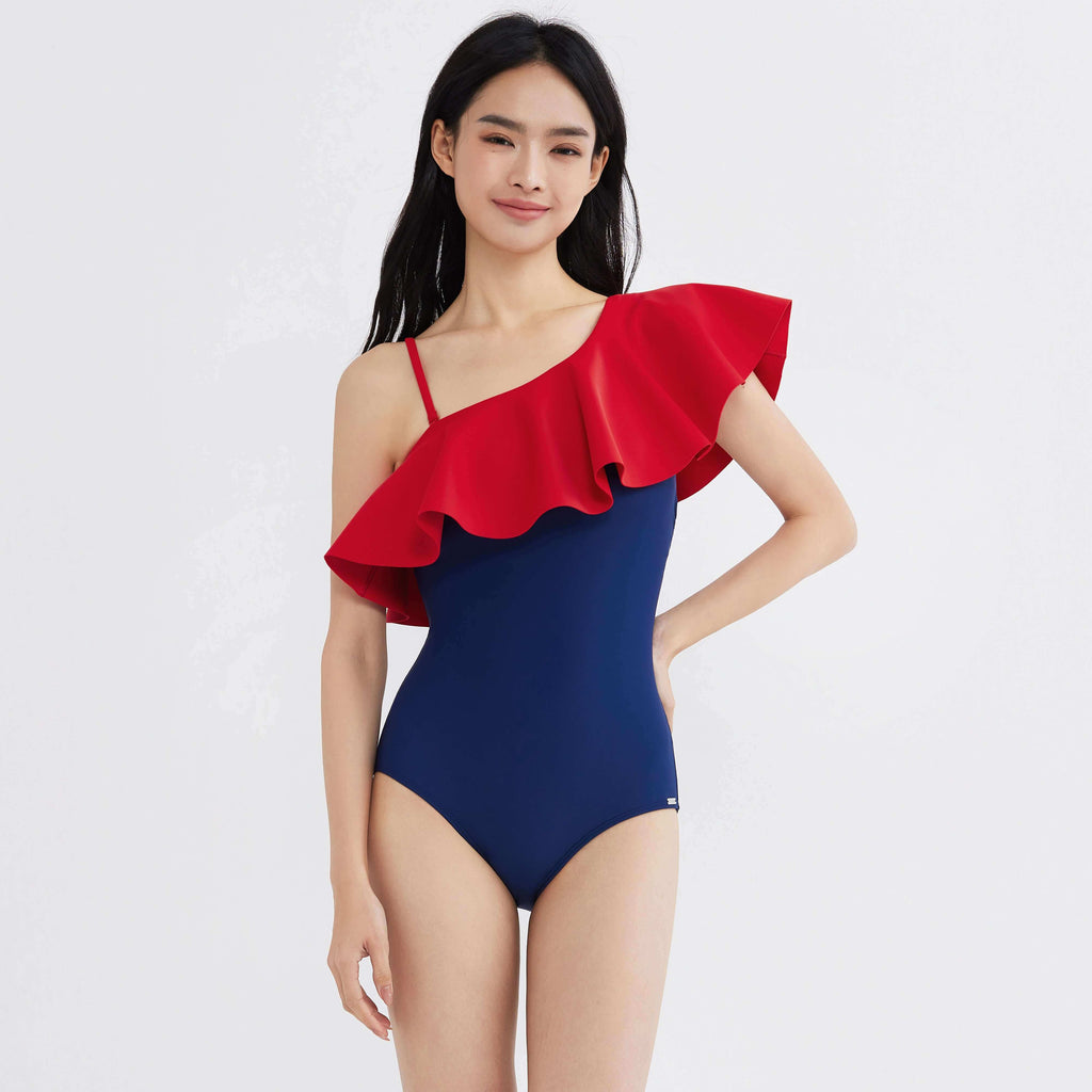 Red ruffle one-shoulder navy swimsuit for women, stylish and flattering swimwear design