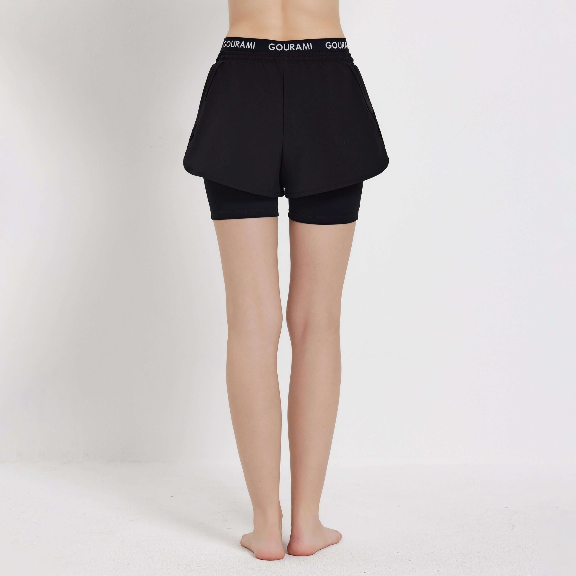 Gourami Band Ladies Boardshorts back view, featuring black shorts with a comfortable waistband for stylish summer wear.