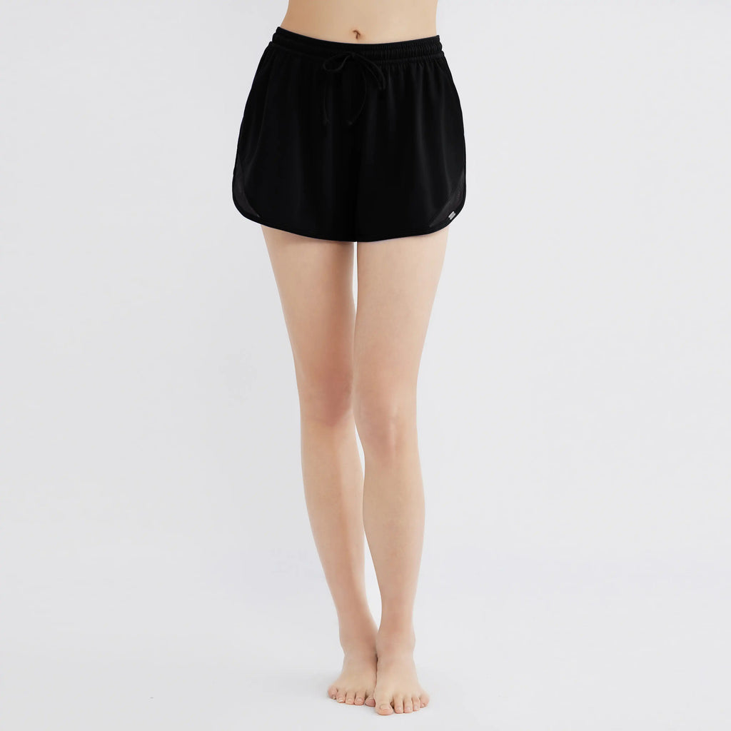 Black drawstring shorts for swim and activewear, designed for comfort and movement