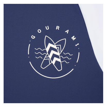 Close-up of the Gourami logo on a blue ocean men's rashguard, featuring surfboard design and wave elements.