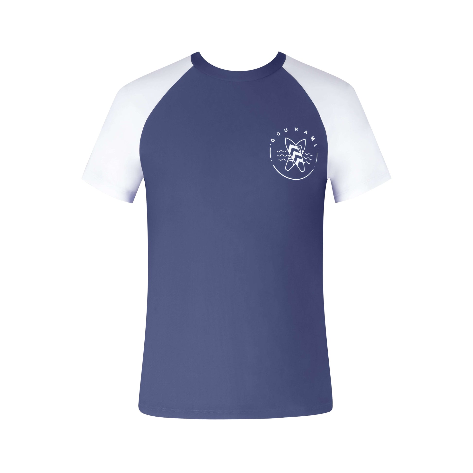 Ocean Mens Rashguard in navy and white, perfect for beach activities and sun protection.
