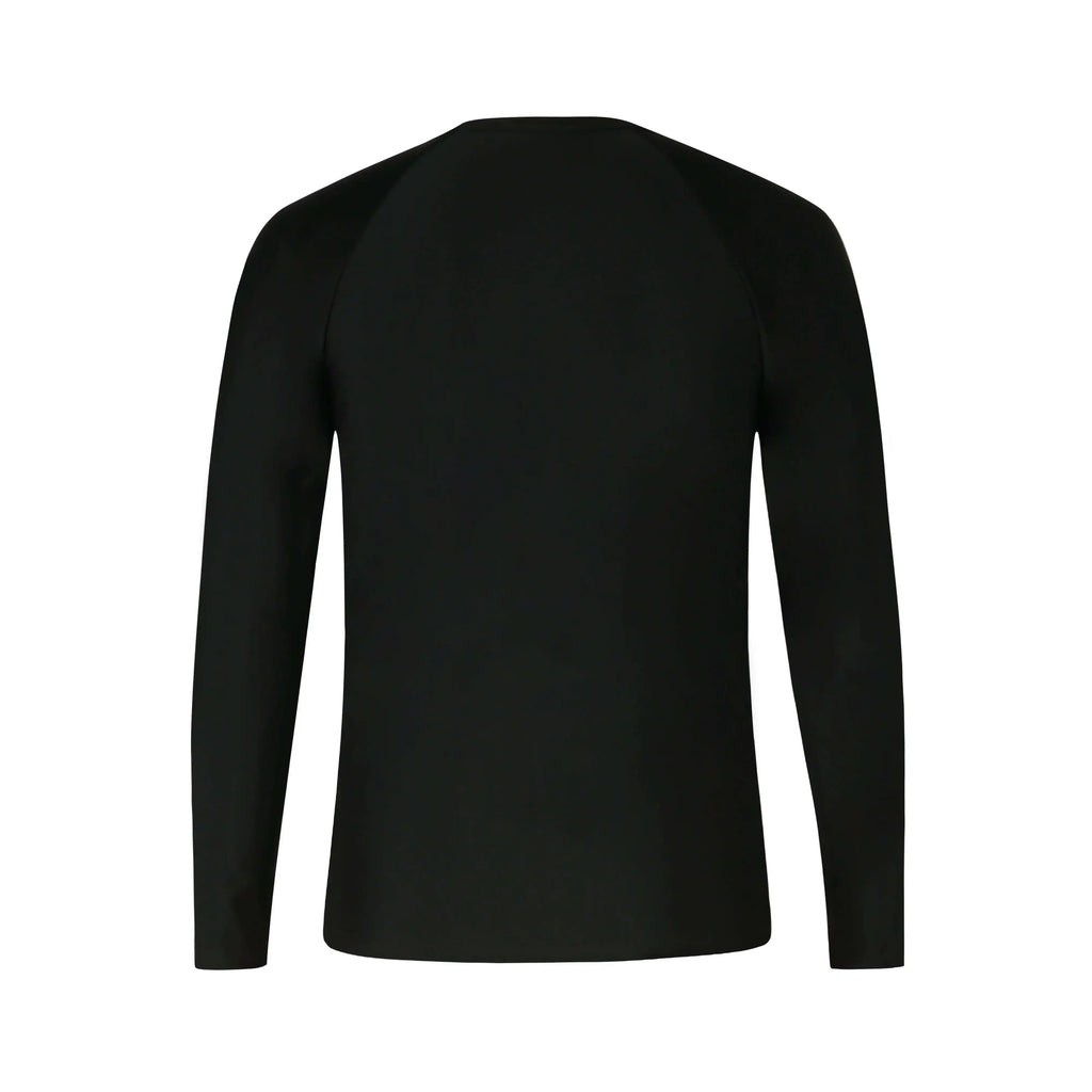 Tide Mens Rashguard 背面视图，长袖，时尚黑色设计，非常适合水上活动。