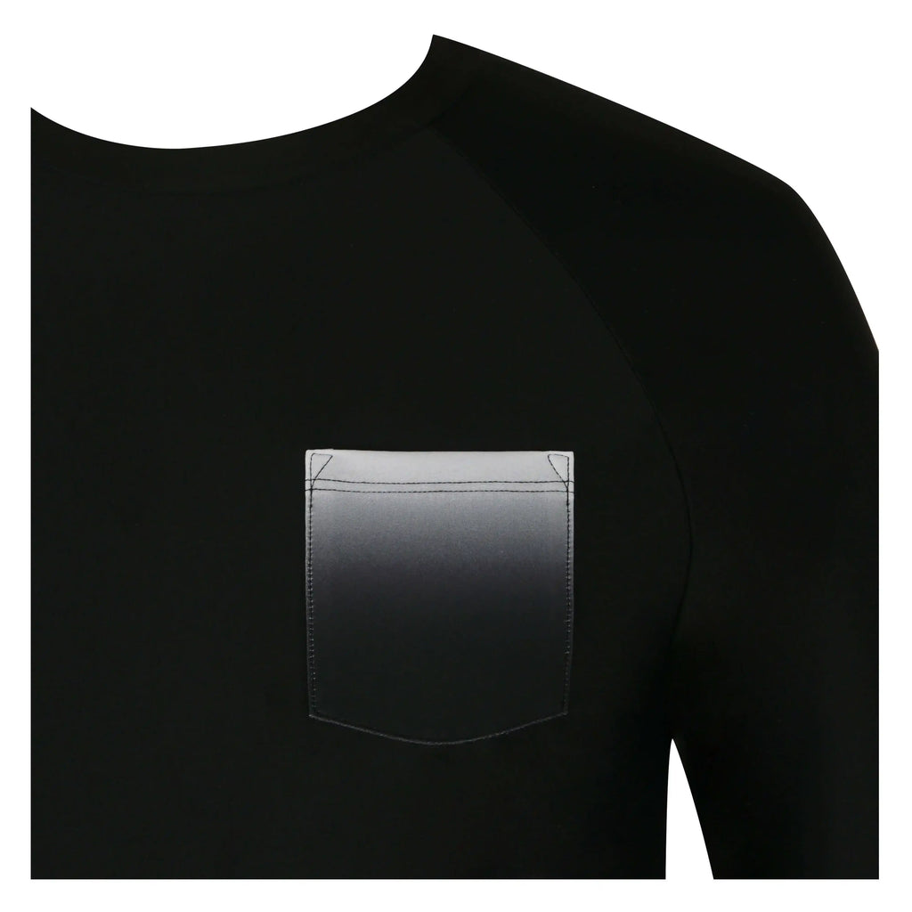 Close-up of Tide Mens Rashguard featuring a stylish pocket design on a black fabric.