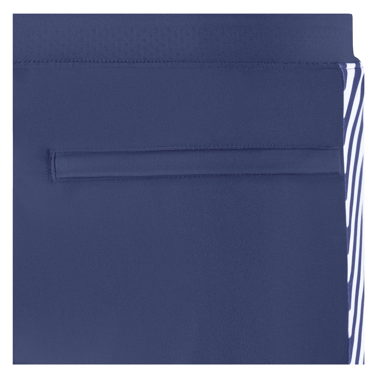 Close-up of Ocean Men's Swim Shorts showing deep navy fabric and features like side pocket for convenience.
