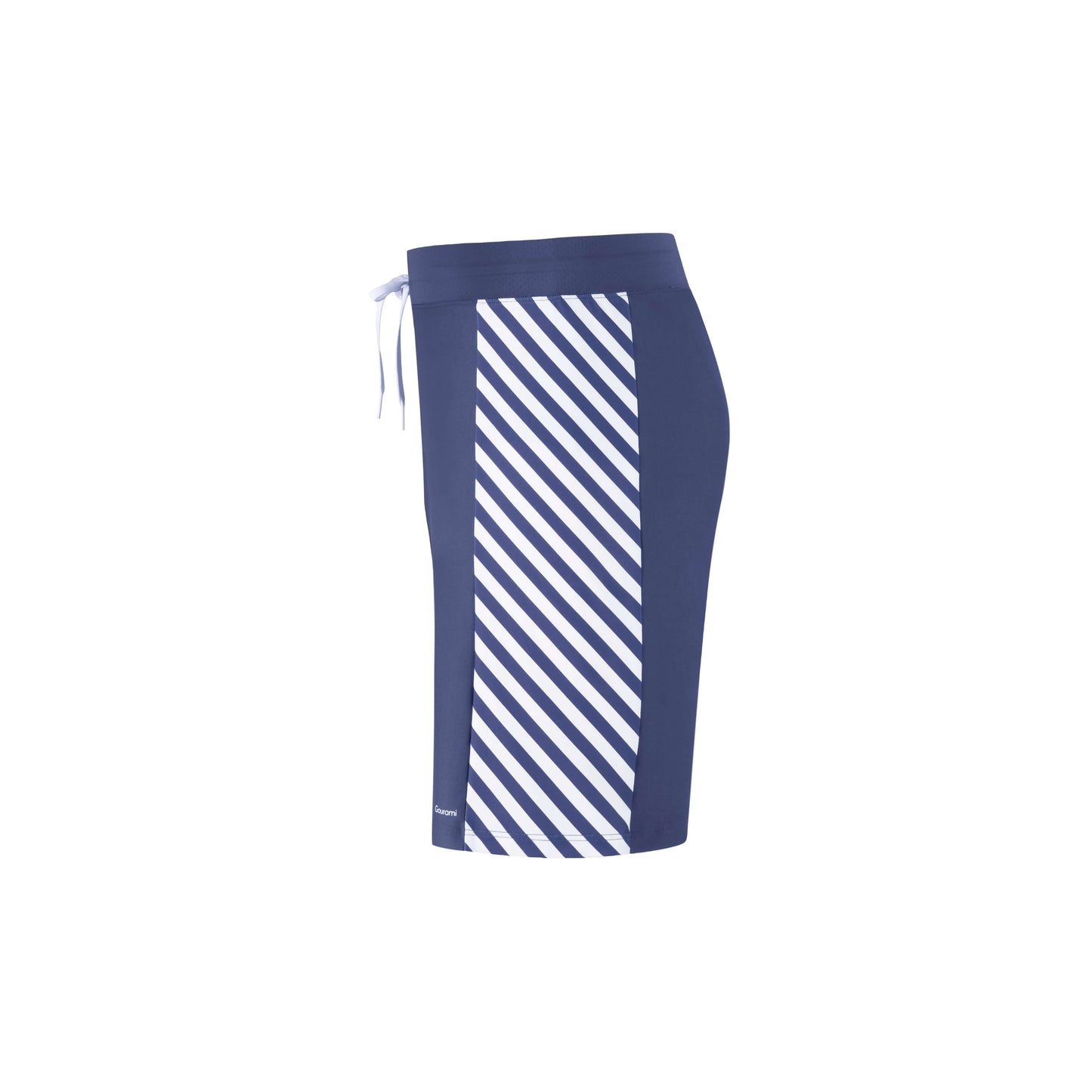Ocean men's swim shorts featuring navy blue and white stripe design, ideal for beach and poolside activities.