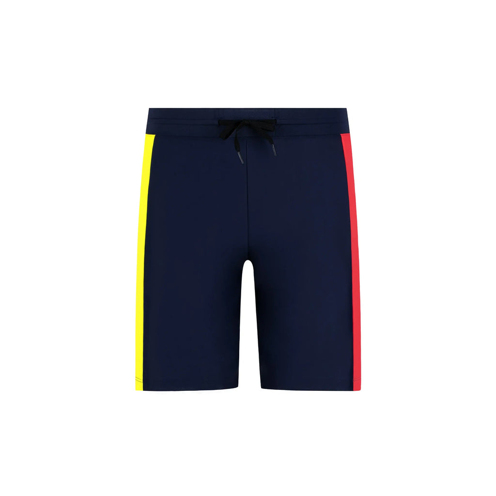 Radiant Mens Swim Shorts featuring navy blue fabric with yellow and red side stripes, perfect for summer beach days.