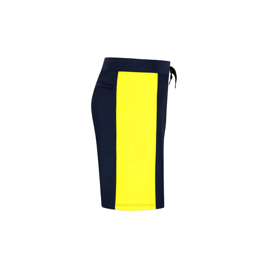 Radiant Mens Swim Shorts featuring a navy blue design with a vibrant yellow side stripe.