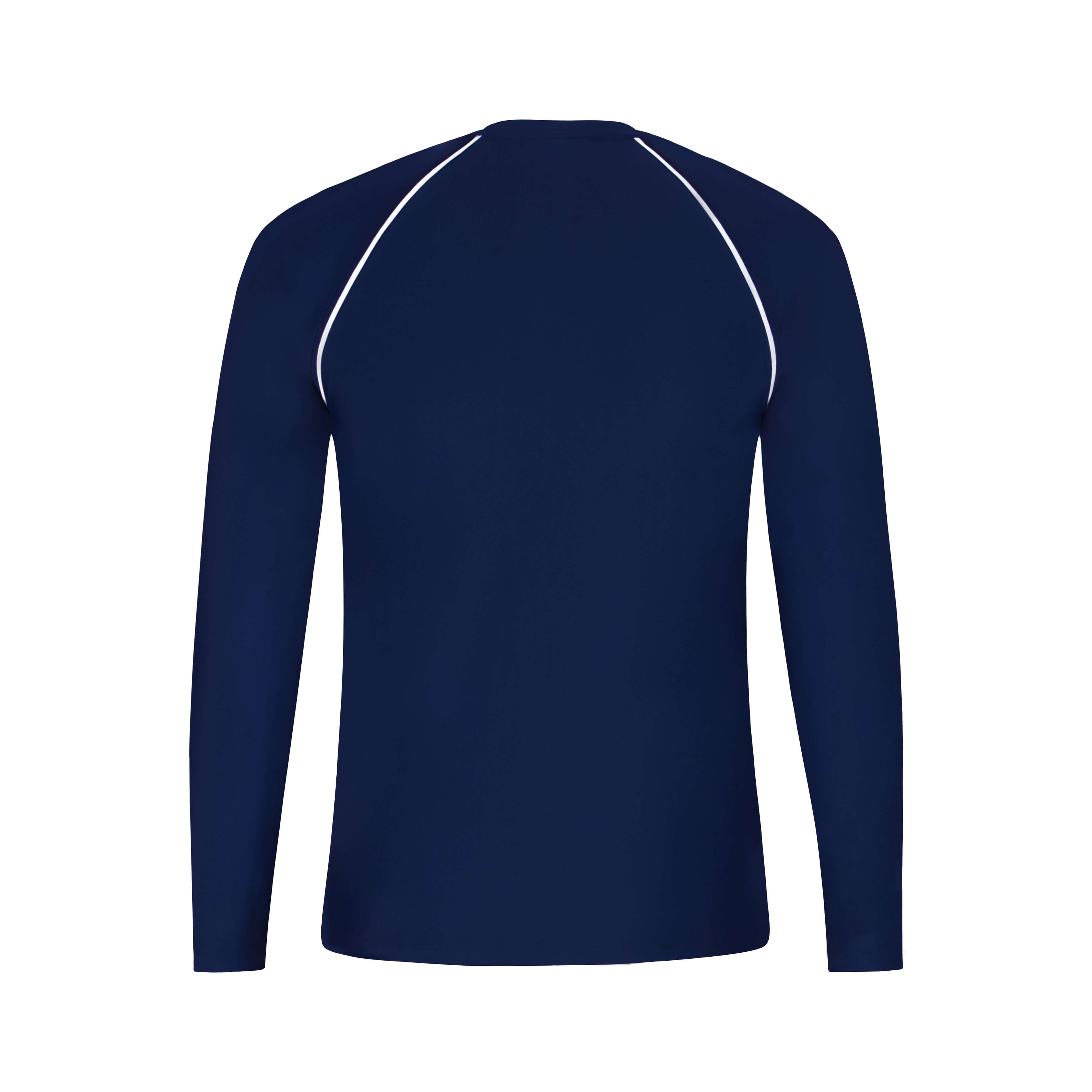 Navy blue long-sleeve activewear top with white shoulder seams, ideal for yoga, running, or gym workouts.