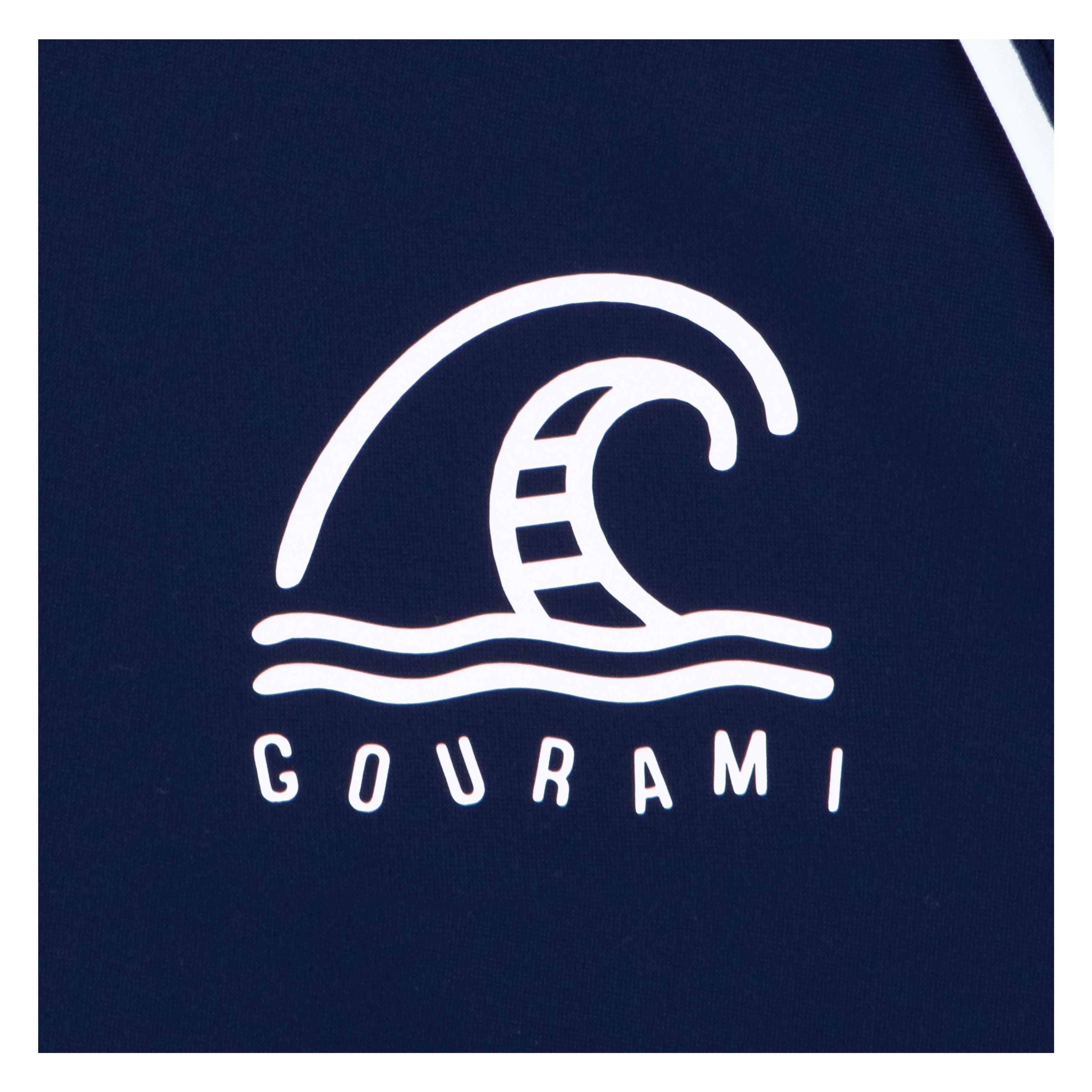 Gourami wave logo on navy activewear, stylish swimwear and fitness apparel design