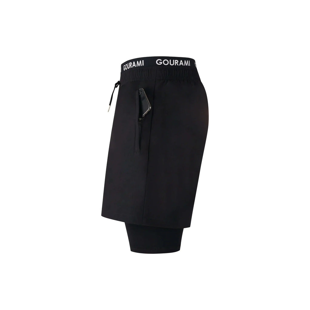 Gourami Band Mens Boardshorts displayed from the side, featuring a black design and elastic waistband.