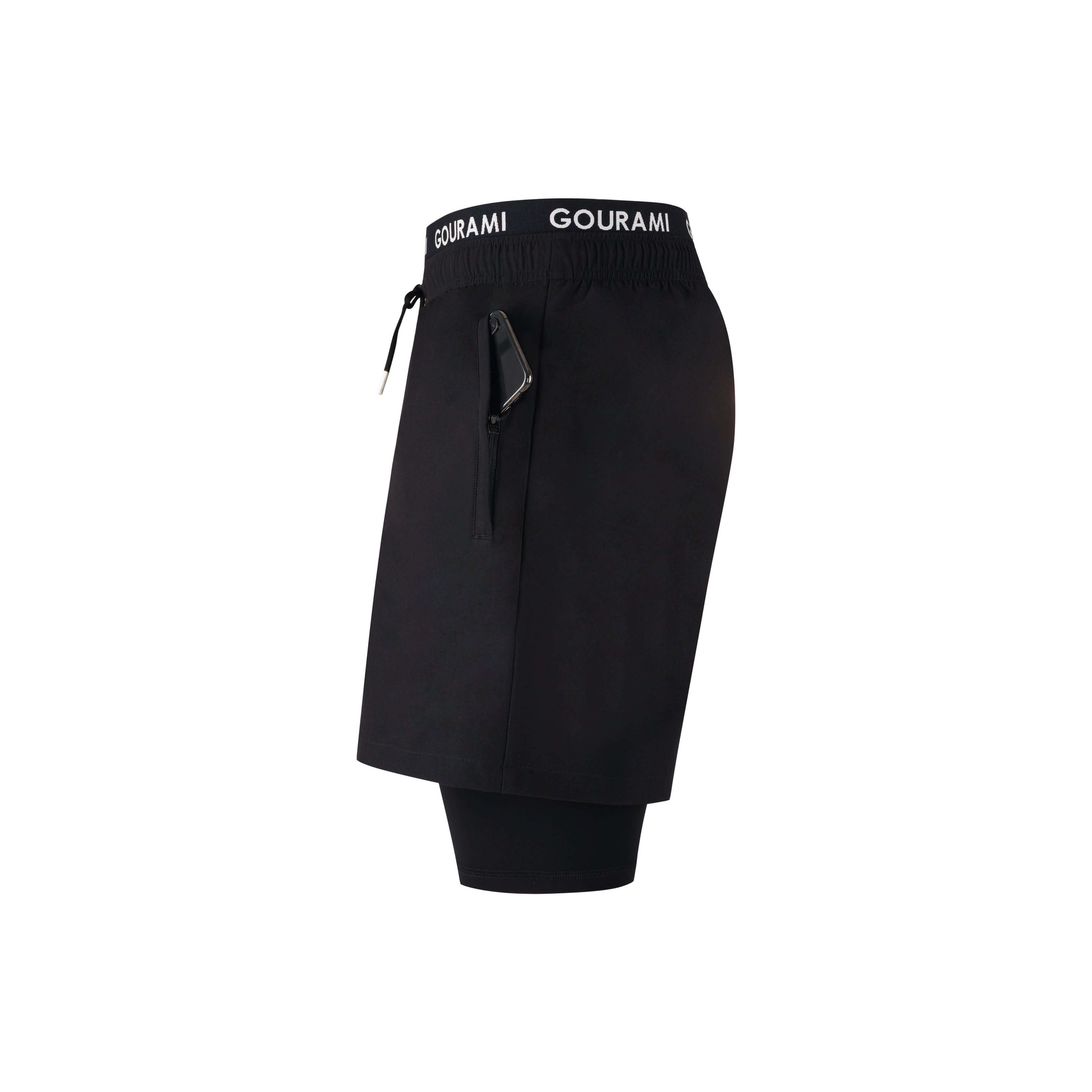 Gourami Band Mens Boardshorts showcasing a sleek black design with an adjustable waistband and pocket for convenience.