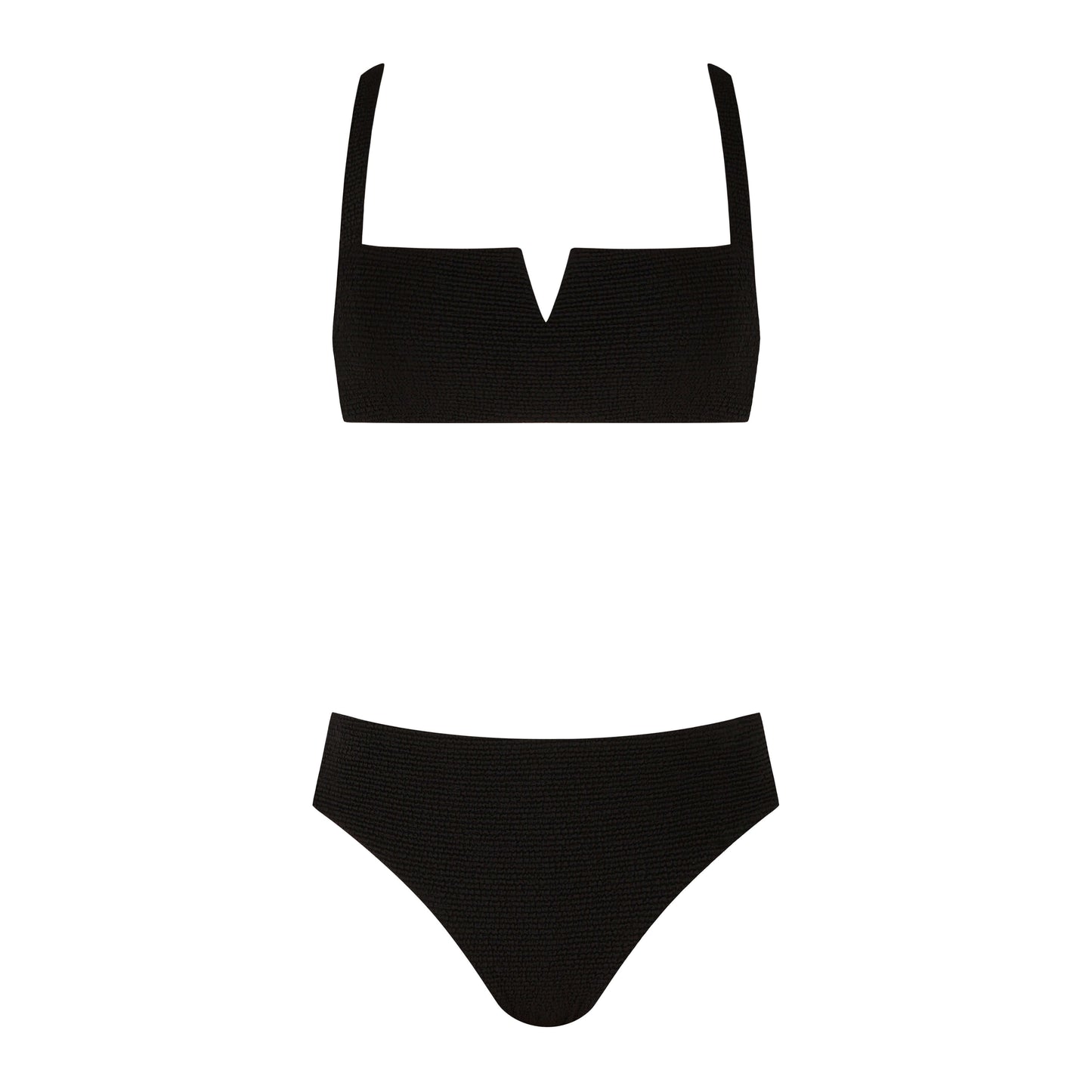 Elevated bikini set featuring a stylish black top and bottom with a modern square neckline.