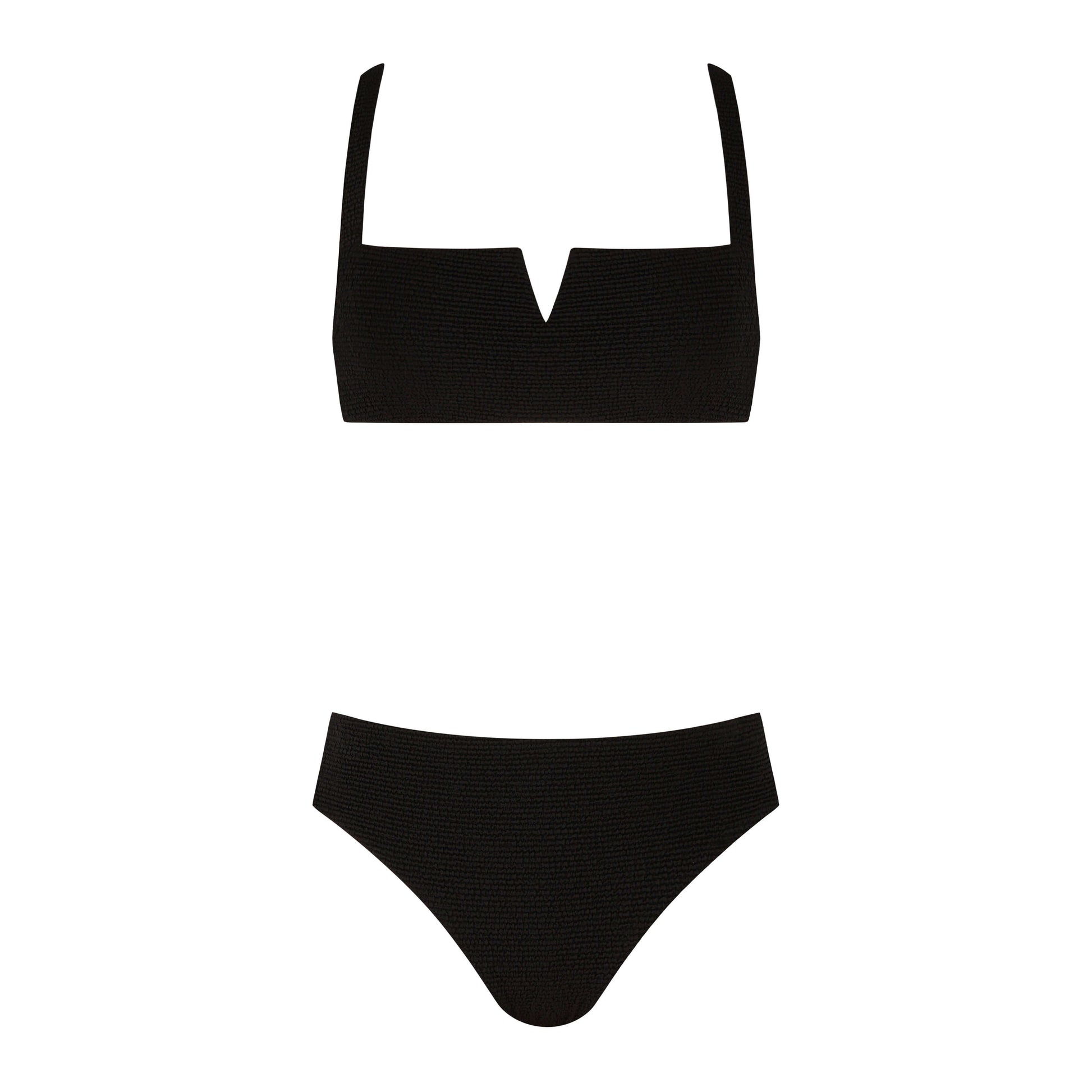 Elevated bikini set featuring a stylish black top and bottom with a modern square neckline.