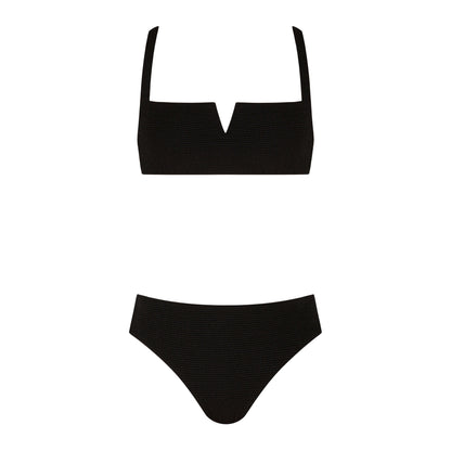Elevated bikini set featuring a stylish black top and bottom with a modern square neckline.