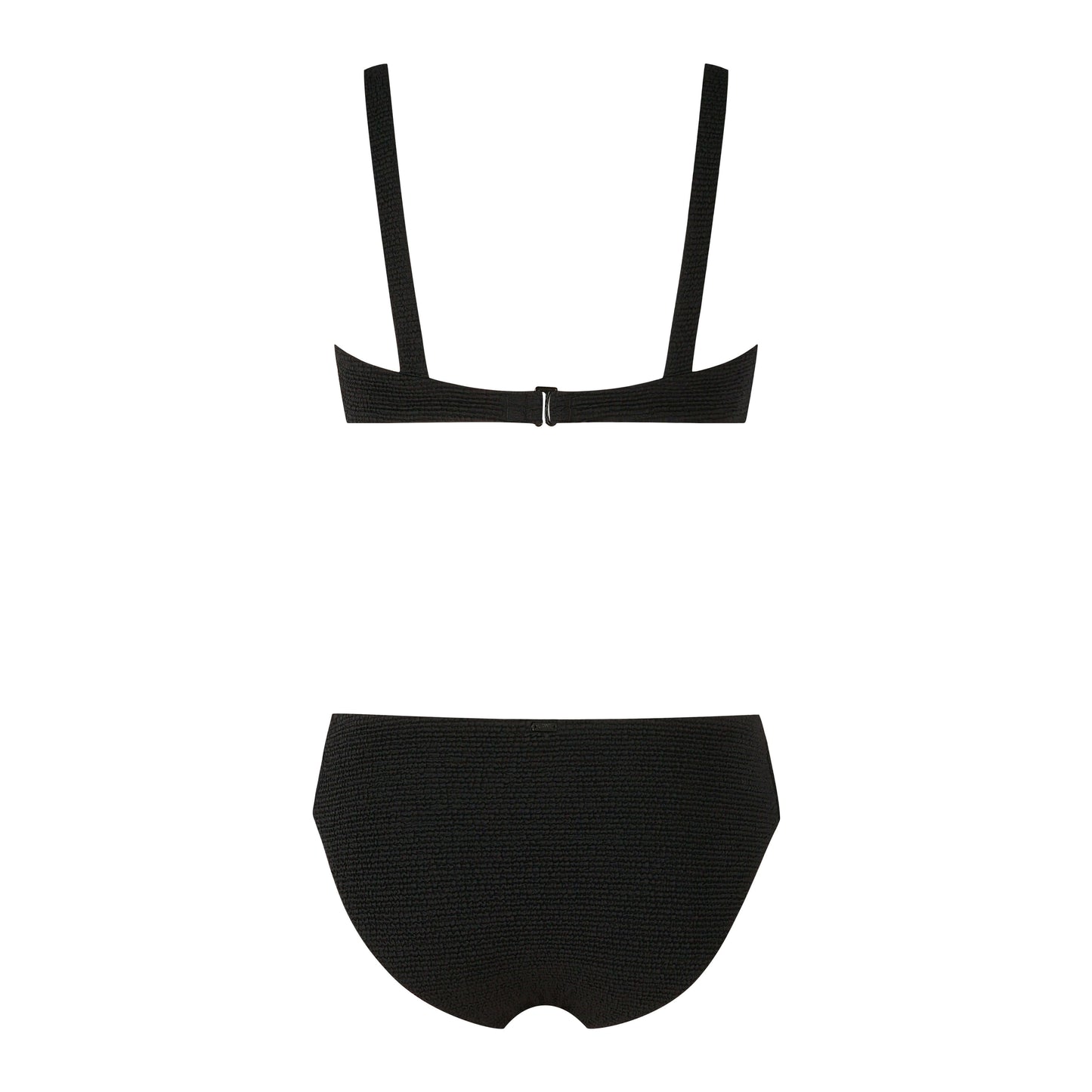 Elevated bikini set in black featuring a stylish bra top and high-waisted bottom, perfect for stylish beachwear.