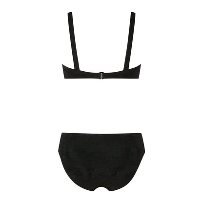 Elevated bikini set in black featuring a stylish bra top and high-waisted bottom, perfect for stylish beachwear.