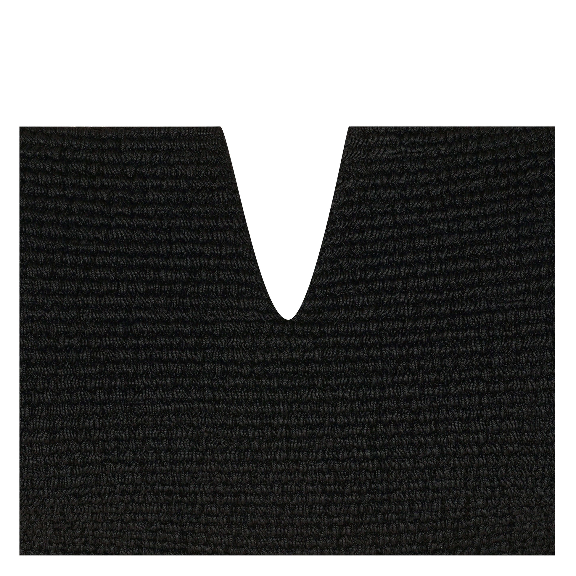 Elevated black bikini top featuring a stylish V-shaped neckline and textured fabric for a chic beach look.