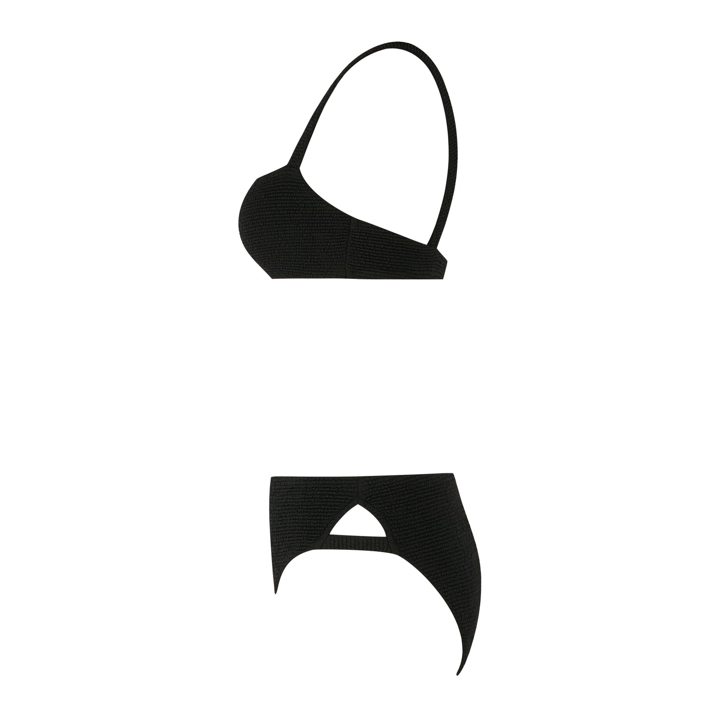 Elevated black bikini set featuring a unique asymmetrical design and cut-out detail for a stylish summer look.