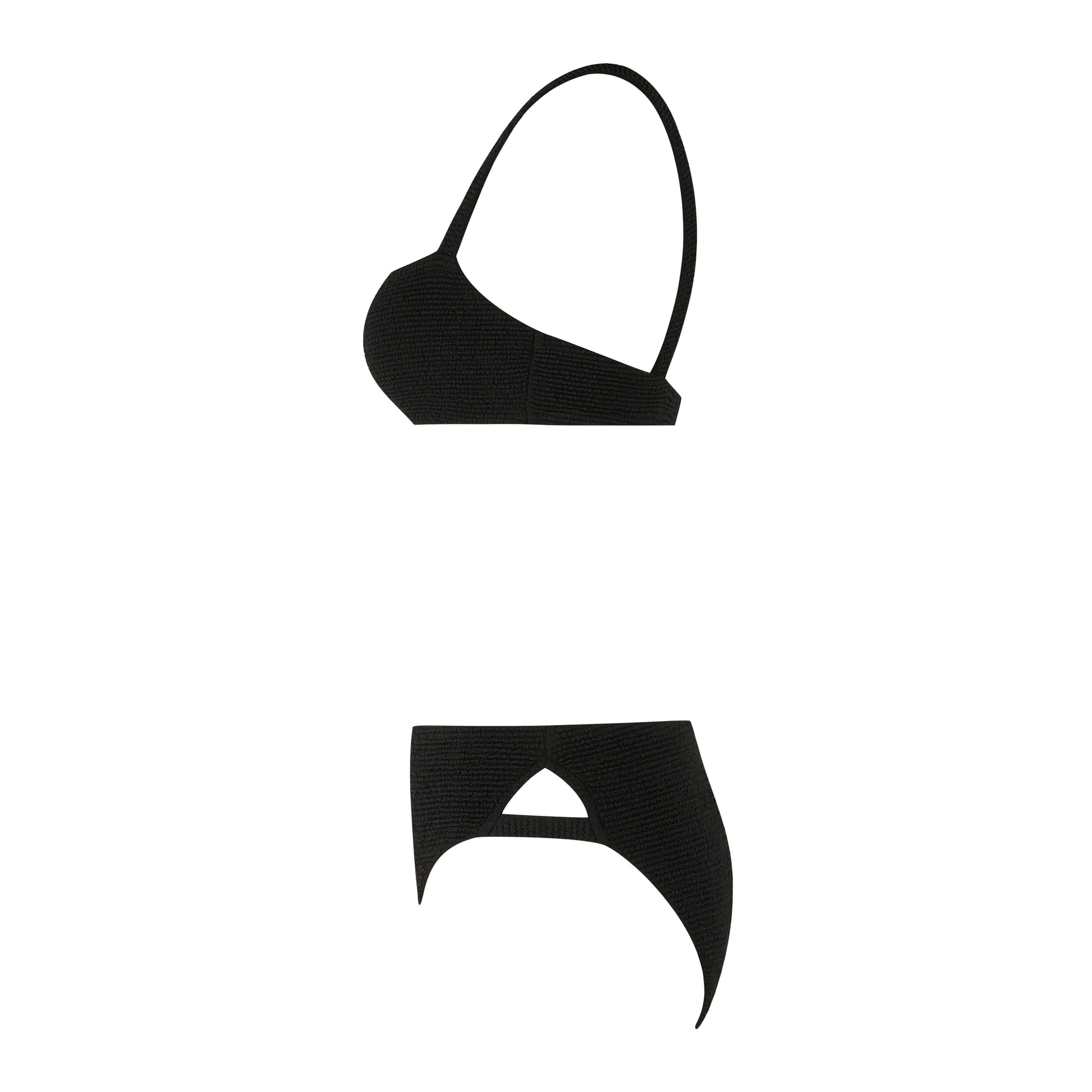 Elevated black bikini set featuring a unique asymmetrical design and cut-out detail for a stylish summer look.