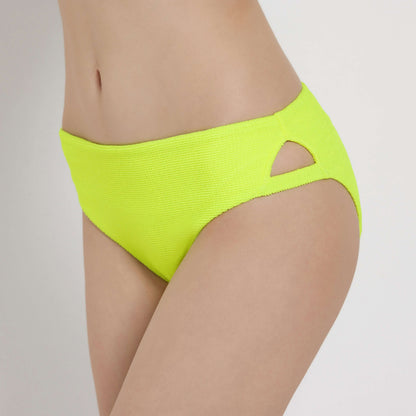 Elevated bikini in vibrant neon yellow with a stylish cutout design, perfect for beach or poolside wear.