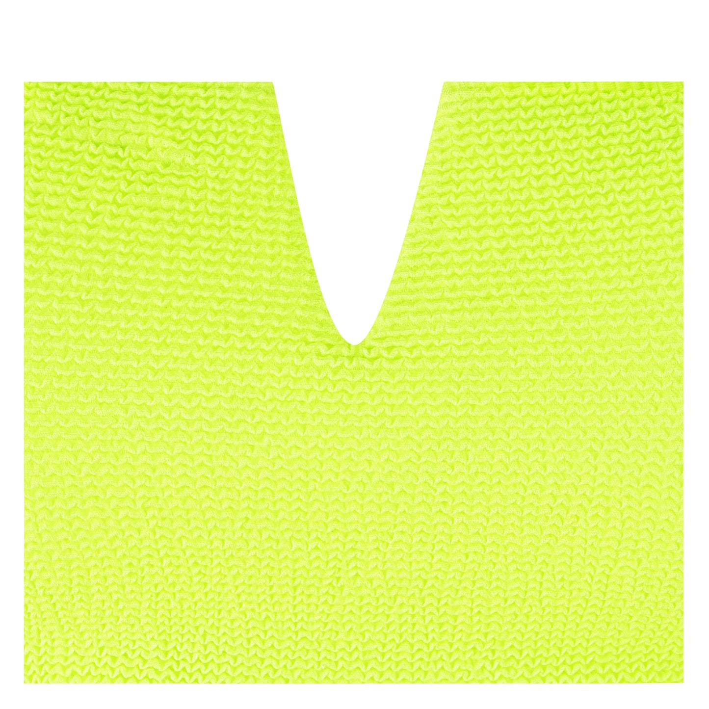 Close-up of a vibrant lime green elevated bikini top featuring a stylish V-neck design.