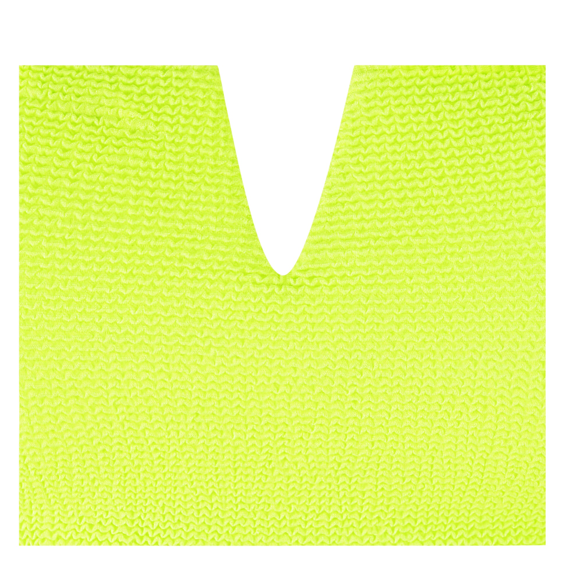 Close-up of a vibrant lime green elevated bikini top featuring a stylish V-neck design.