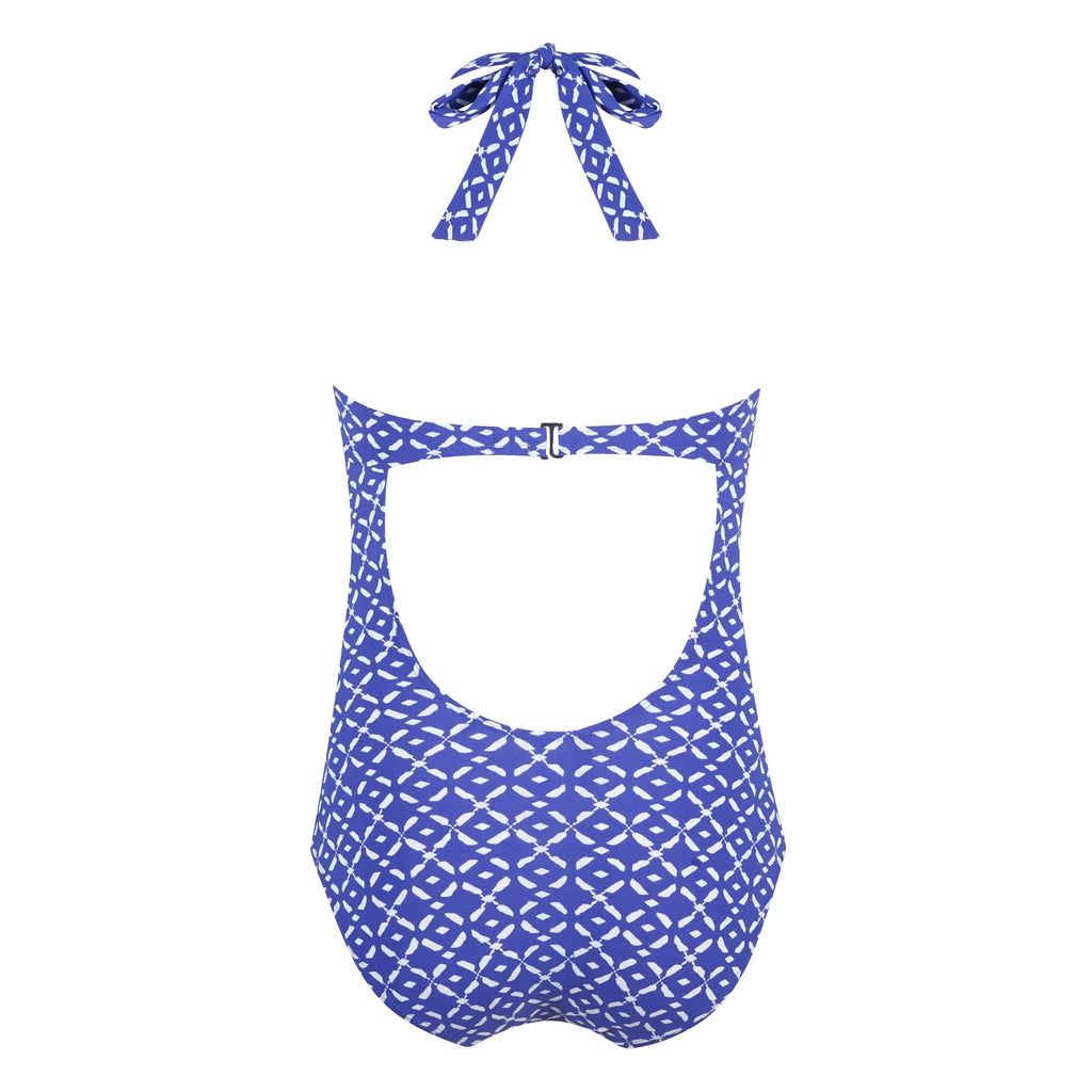 Blue patterned one-piece swimsuit with open back and halter tie, swimwear for women