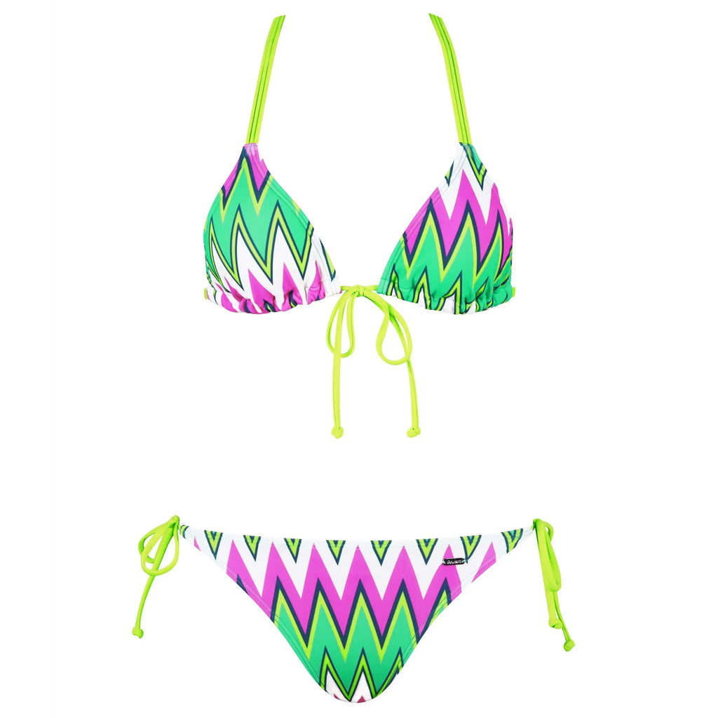 Colorful zigzag print bikini with green, pink, and white triangle top and tie-side bottom