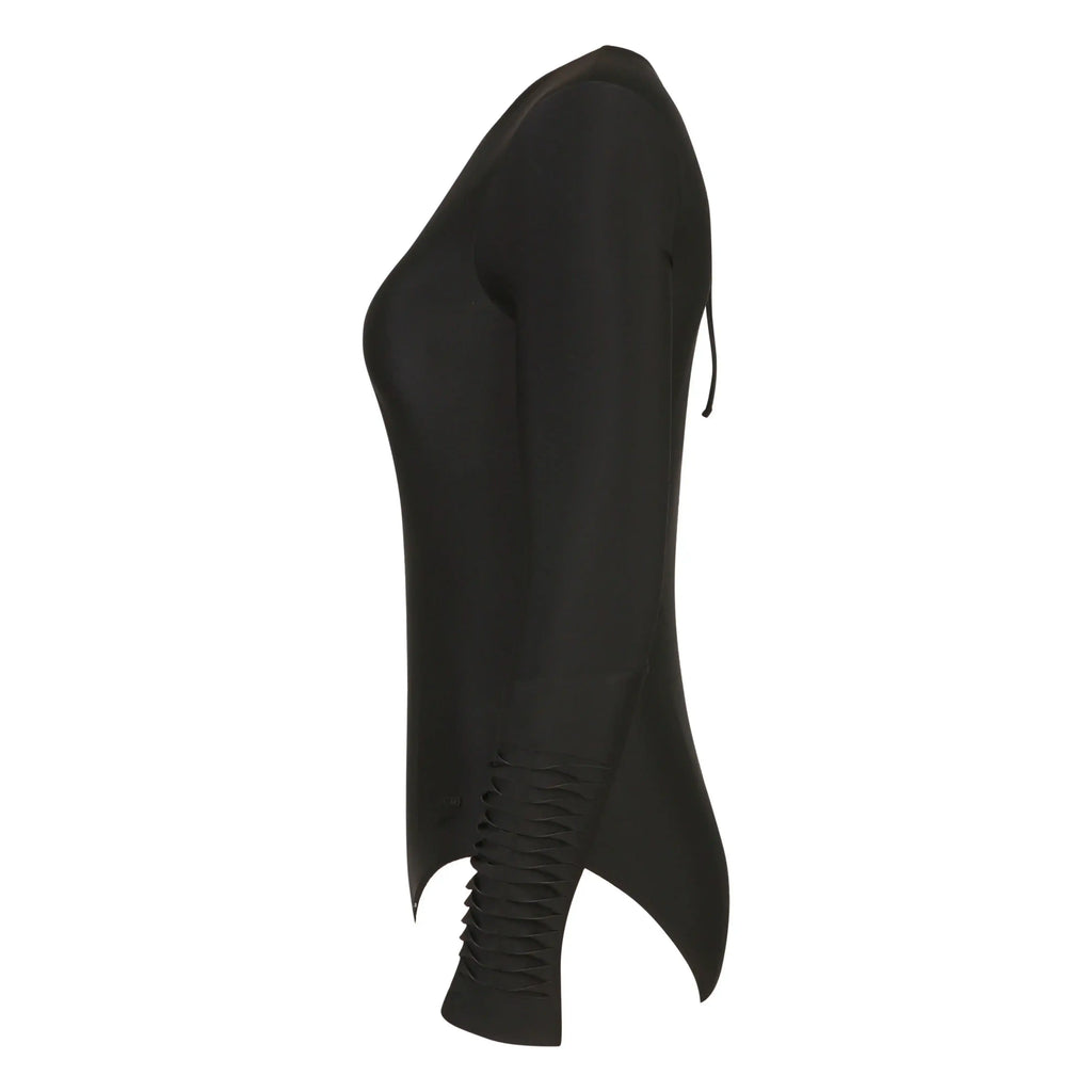 Black long sleeve one-piece swimsuit with side cutout details, modern activewear style