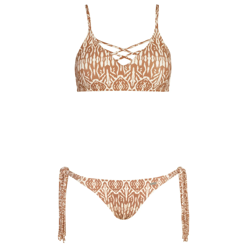 Brown and white patterned bikini set with lace-up top and tie-side bottoms on white background