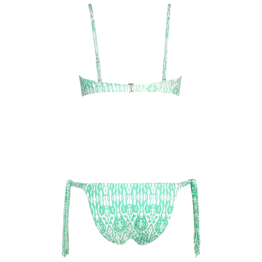 Green and white patterned bikini set with adjustable straps and side ties, back view